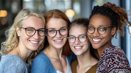A diverse group of women of various ages and ethnicities, all wearing glasses, are smiling at the camera in a cheerful and friendly manner