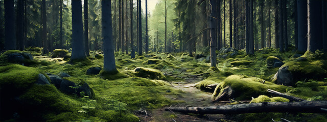 Mystical green moss covered rocks and trees in dark foggy forest