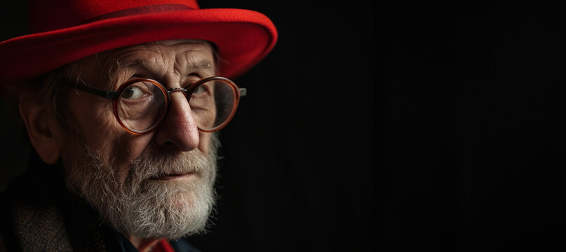 A man wearing a red hat and glasses is looking at the camera. The image has a serious and contemplative mood