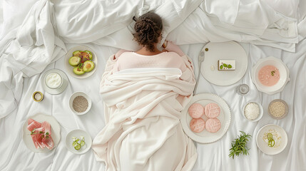 A woman lying in bed next to a wide variety of food items spread out around her, including fruits, pastries, and beverages