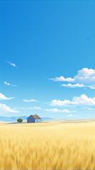 Digital painting of a lonely house in a vast wheat field under a big blue sky