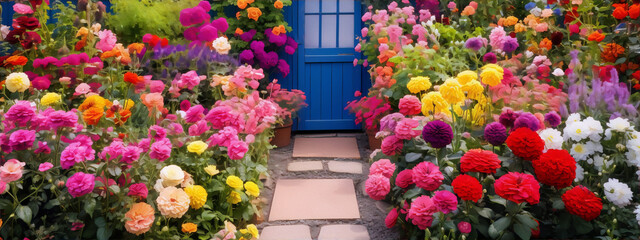 vibrant garden path with colorful flowers and blue door
