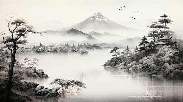 Japanese landscape watercolor black and white. Lake in the mountains and sakura trees.