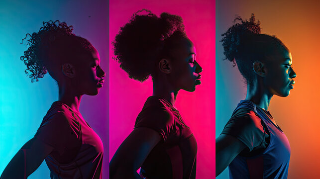 A profile view of a woman captured in a triple-exposure effect with blue, pink, and purple lighting creating a dramatic and colorful silhouette