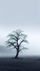 Fototapeta na wymiar Single tree in the middle of a foggy field, with a gradient from black to white