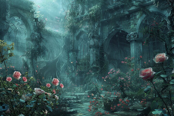 A garden of forgotten memories, overgrown with enchanted roses, each petal holding a lost story