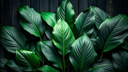 Lush Green Peace Lily Leaves on Dark Wooden Texture Background. Concept spathiphyllum cannifolium green leafs on black wood background.  Free space for text or promotional product.
