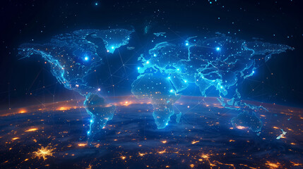Glowing Digital World Map Over Earth From Space With Light Connections, Representing Global Network, Data, Communication, and Technology