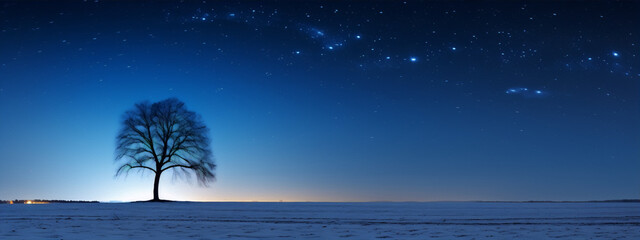 Night sky with stars and a tree in the middle of a snowy field. - obrazy, fototapety, plakaty