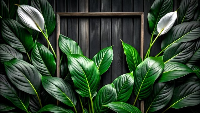 Tropical Green Leaves with White Peace Lilies on Dark Wood Background.Concept spathiphyllum cannifolium green leafs on black wood background.  Free space with a frame for text or promotional product.