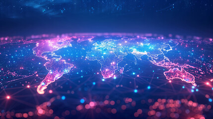 Neon Glowing Digital World Map With Pink and Blue Network Lines, Representing Global Data, Internet, Communication, and Technology Systems