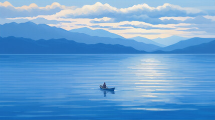 Blue lake and mountains landscape, with a person in a boat.