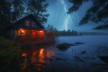 A lakeside cabin, cozy and rustic, lightning flashing through the window, rain tapping on the roof
