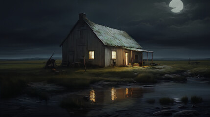 Rural landscape with a lonely house near the river at night, full moon, dark sky, and bright stars.