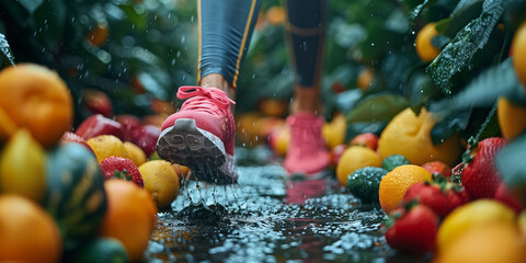 legs of a jogging man among fruits, healthy lifestyle concept