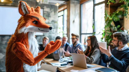 Naklejka premium A fox mascot stands confidently in front of a diverse group of people, engaging with the crowd