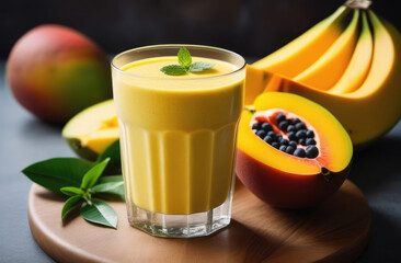 Smoothie with mango and papaya, set on wooden table. essence of tropical vacation, taste of paradise. Ideal for travel brochures, cocktail menus, social media posts