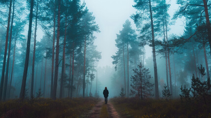A person is walking down a narrow path surrounded by tall trees in a dense forest