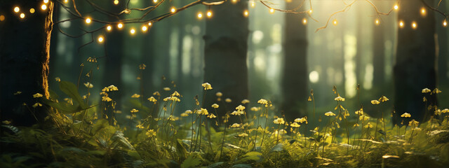 Mystical forest glade with yellow flowers and blurry lights in the background - obrazy, fototapety, plakaty