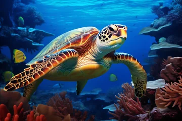 Fotobehang Oceanic Journey - Sea Turtle Among Fish © Canvas Alchemy