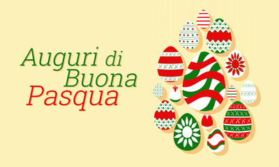 Wish Happy Easter holiday in italian text Easter greeting banner,  poster, flyer card. Easter eggs hanging garlands red, green, white colors Pattern presentation, brochure, templates set, background.