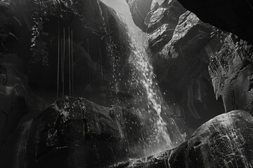 A monochrome waterfall, water cascading over the surface.