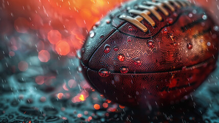 Close-up of a glistening football on wet grass, raindrops creating ripples on its surface,...
