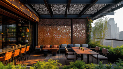 Rooftop lounge with an intricately patterned metal privacy wall, using unique designs to create an intimate and stylish urban escape 