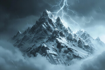 A mountain peak, jagged rocks jutting into the stormy sky, lightning illuminating the rugged terrain - Powered by Adobe