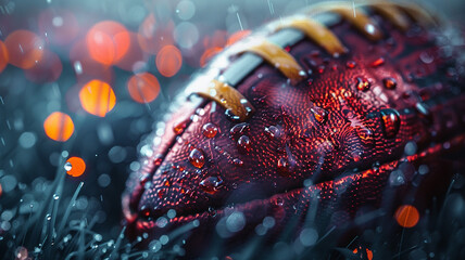 Close-up of a glistening football on wet grass, raindrops creating ripples on its surface, reflecting stadium lights