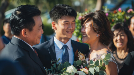 Groom shares a happy moment with his parents, smiling together under the bright sunlight during a wedding celebration