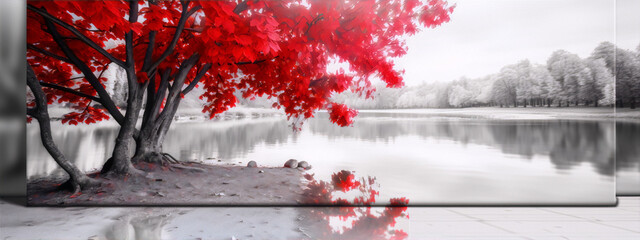 Red tree by lake in black and white