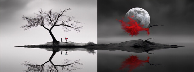 Black and white leafless tree with a red leaf and a full moon with red petals on a black and white background.