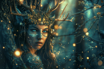 A mystical forest guardian, half-human and half-deer, standing amidst ancient trees, her eyes glowing with ancient wisdom.