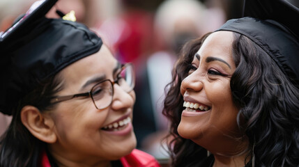 Two women in graduation caps and gowns share a moment of laughter and pride on their graduation day - obrazy, fototapety, plakaty
