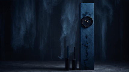 3D rendering of a clock and two incense holders in a dark blue concrete room with smoke.