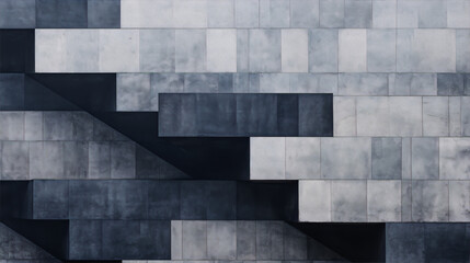 Abstract geometric shapes in muted blue and gray tones create a sense of depth and dimension.