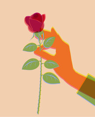 A woman's hand holding a red rose, printed on a risograph. The theme of love and congratulations on the holiday. The theme of beauty and fragility of the environment. Vector illustration