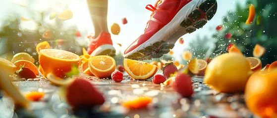 Deurstickers legs in sneakers of a jogging man, fruits around, healthy lifestyle concept © Irina