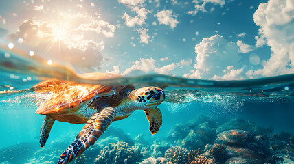 Beautiful turtle swimming among fishes in blue water of ocean. Beautiful nature underwater world...