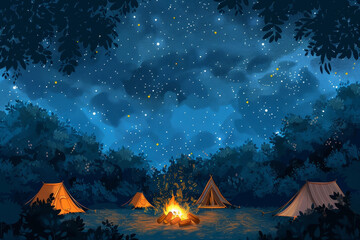 A starry night camping, tents pitched under a canopy of stars. A crackling campfire, marshmallows roasting - obrazy, fototapety, plakaty