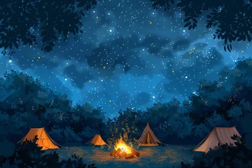 Fotobehang A starry night camping, tents pitched under a canopy of stars. A crackling campfire, marshmallows roasting © Formoney