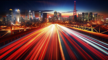 Fototapeta na wymiar Cityscape with light trails at night in red and blue colors, digital art