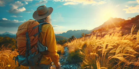 a senior woman traveling: standing in a field with a backpack at golden hour - Powered by Adobe