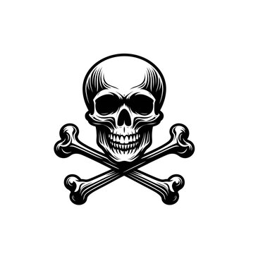 Skull with crossbones monochrome engraved isolated vector illustration