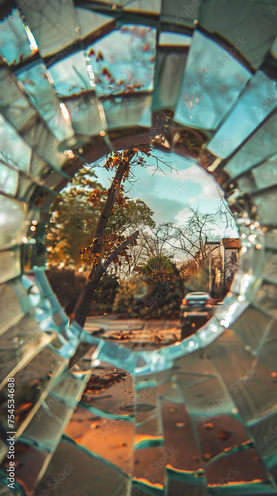 Poster capture the view through a cracked camera lens. the distortion should create abstract patterns and u