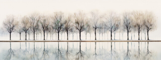 Winter trees reflected in calm lake water, digital painting