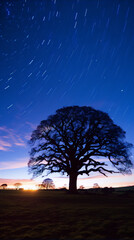 Fototapeta na wymiar Night sky with stars and tree silhouette, blue and black colors, long exposure photography