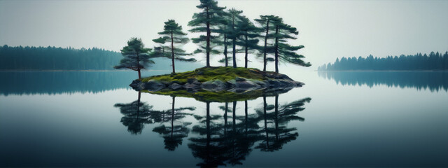 Small rocky island with green pine trees in the middle of a calm lake surrounded by a larger forest with fog in the background