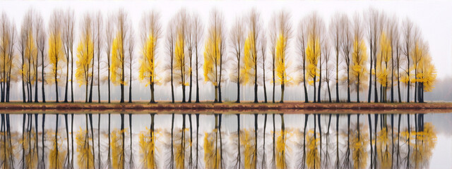Panoramic photography of trees with yellow leaves in autumn reflecting in the calm water of a lake